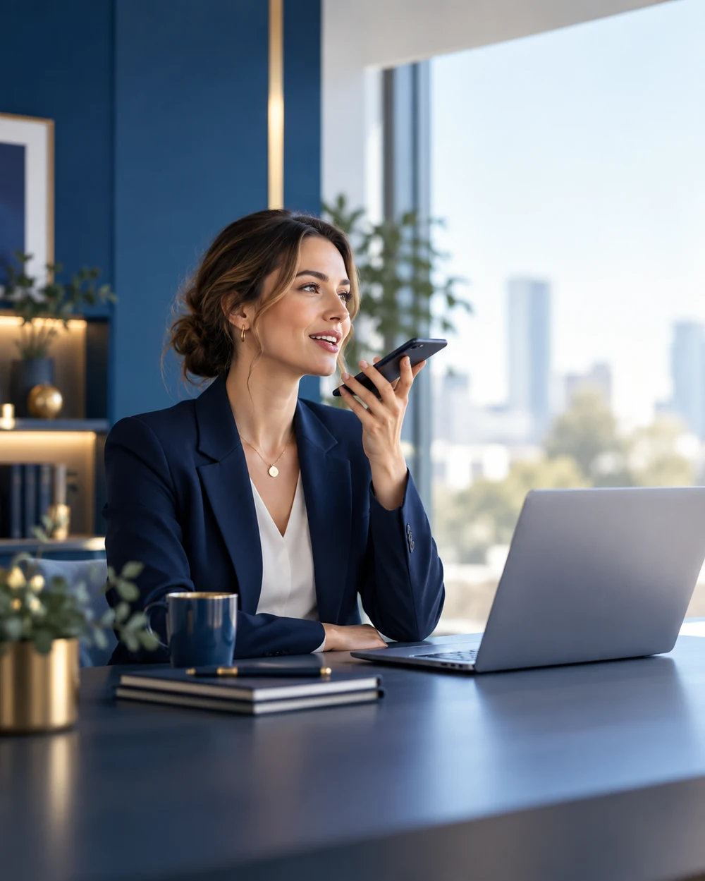Geschäftsfrau spricht im modernen Büro in ihr Smartphone neben einem Laptop